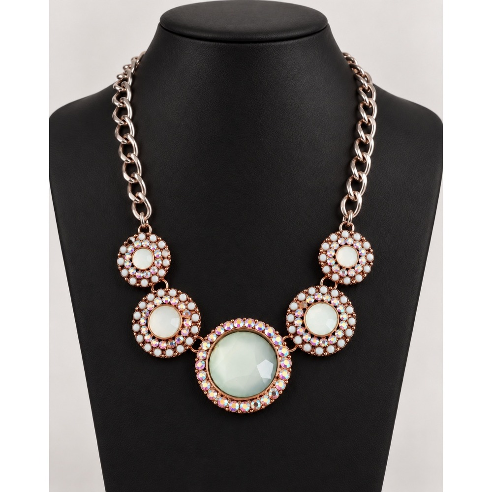 Statement Necklace Silver Rose Gold Tone Iridescent Rhinestone Faux Opal Bib